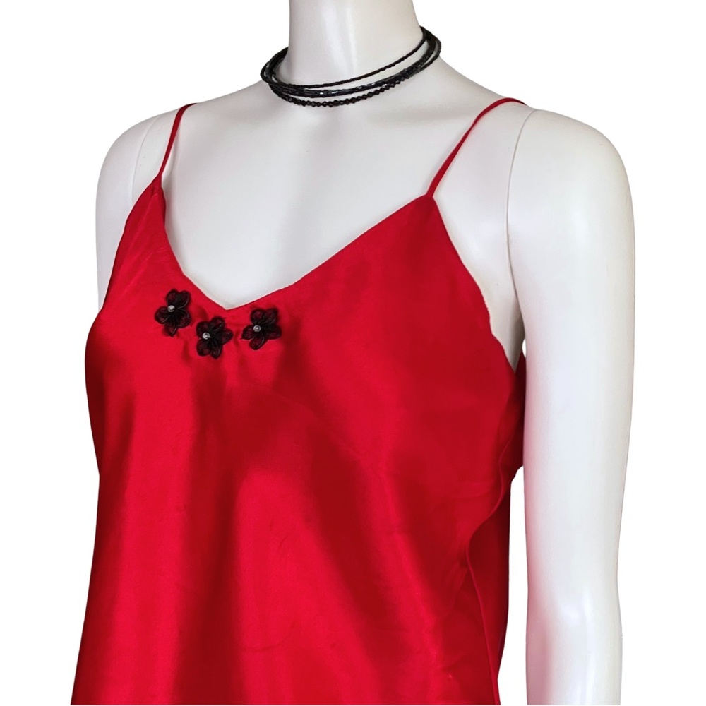 Y2K Red Satin Cami Top Flowers V Neck Lingerie M/L Fairycore Going Out FLAWED - Picture 6 of 8